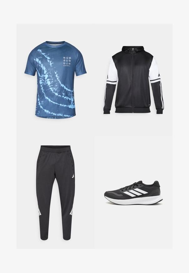 Čierna mikina s kapucňou na zips s bielymi rukávmi a tromi bielymi pruhmi pozdĺž rúk. Vyrobená z hladkej, ľahkej tkaniny. Design mikiny je zahrnutý.; Modrá tričko s krátkym rukávom v štýle batikovania vyrobené z ľahkej tkaniny. Má spirálový vzor a na prednej strane biele písmeno "RUN".; Čierne športové nohavice so zúženými nohavicami, elastickým pásom, bočnými vreckami a bielym logom a pruhmi. Vyrobené z hladkého, ľahkého materiálu.; Čierna športová obuv s priedušným sieťovaným zvrškom, bielymi akcentmi a polstrovanou podrážkou. Na bočnej strane sa nachádza logo so tromi pruhmi.