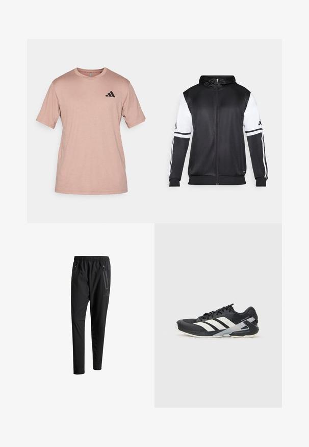 Crna dukserica s patentnim zatvaračem koja ima bijele rukave i tri bijele pruge duž ruku. Napravljena od glatkog, laganog materijala. Uključeni dizajn kapuljače.; Ručno napravljena majica kratkih rukava ružičaste boje od teksturirane tkanine, s crnim Adidas logotipom na lijevoj strani prsnog dijela i okruglim izrezom.; Crne atletske hlače s elastičnim pojasom, dva bočna džepa sa zatvaračem, suženi nogavici i diskretnim logotipom na kuku.; Crne atletske cipele s bijelim prugama, mrežasta gornja strana, zaobljeni prst i podstavljeni đon. Imaju teksturiranu petu i siguran sustav vezivanja.