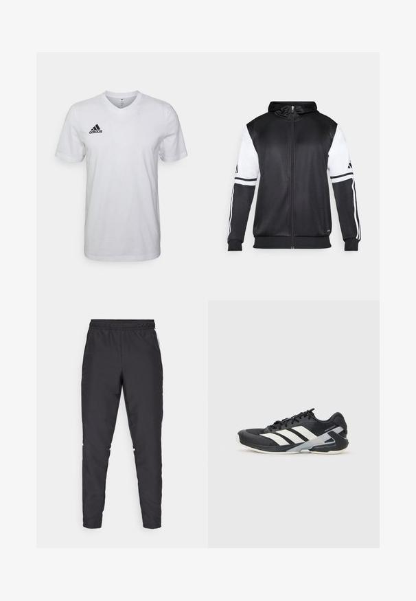 Must eltavõttega must kapuutsiga sviiter, millel on valged varrukad ja kolm valget triipu mööda käsi. Valmistatud siledast ja kergest kangast. Kapuutsi disain on kaasatud.; Valge puuvillane t-särk v-kaelusega, lühikeste varrukatega ja musta Adidas logoga vasakul rinnal. Lihtne ja kerge disain.; Mustad mustusharjased püksid elastse vöökohtadega, kitsenevate jalgadega ja valgete külgaktsentidega. Valmistatud sünteetilisest materjalist, millel on sile tekstuur.; Mustad sportlik jalanõud mustade värvidega, valgete triipudega, võrgusilma pealmine osa, ümar varvas ja pehme tallaga. Omab tekstureeritud kontsa ja kindlat paeltesüsteemi.