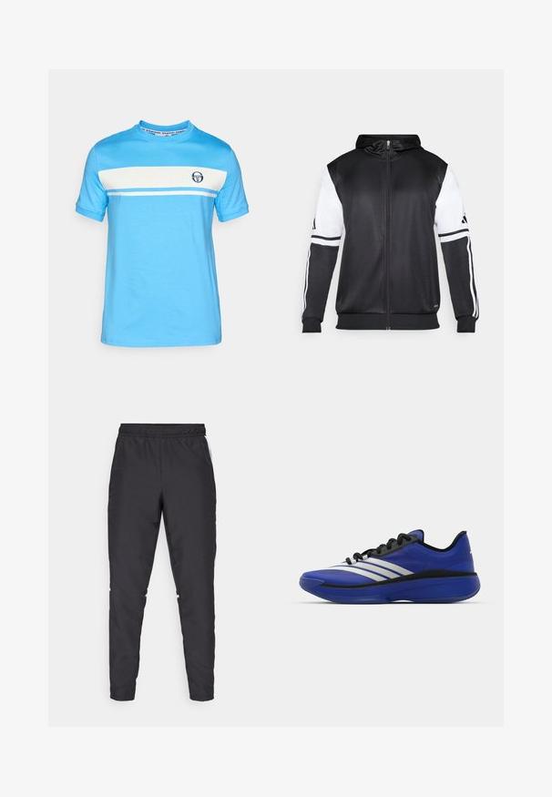 Black zip-up hoodie featuring white sleeves and three white stripes along the arms. Made from a smooth, lightweight fabric. Hoodie design included.; Light blue short-sleeve T-shirt featuring a white horizontal stripe and a small logo on the chest. Made of soft cotton material.; Black athletic pants with an elastic waistband, tapered legs, and white side accents. Made of synthetic material with a smooth texture.; adidas Performance ADIZERO SELECT 3.0 - Basketball shoes - lucid blue/core black/metallic