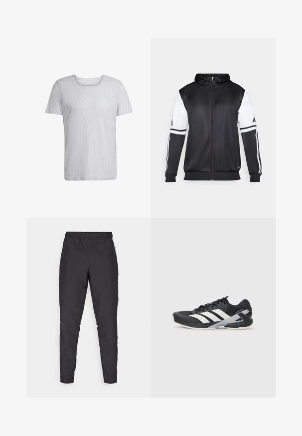 Crna dukserica s patentnim zatvaračem koja ima bijele rukave i tri bijele pruge duž ruku. Napravljena od glatkog, laganog materijala. Uključeni dizajn kapuljače.; Bijela kratka majica s kratkim rukavima s blagom prugastom teksturom i okruglim izrezom. Sadrži mali logo na lijevoj strani prsnog područja.; Crne atletske hlače s elastičnim strukom, sužavajućim nogavicama i bijelim bočnim naglascima. Izrađene od sintetičkog materijala s glatkom teksturom.; Crne atletske cipele s bijelim prugama, mrežasta gornja strana, zaobljeni prst i podstavljeni đon. Imaju teksturiranu petu i siguran sustav vezivanja.