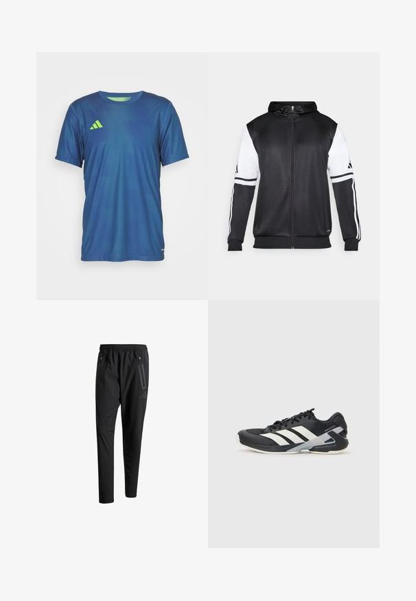 Svart hettegenser med glidelås som har hvite ermer og tre hvite striper langs armene. Laget av et glatt, lett stoff. Designet inkluderer hettegenseren.; Blå idrettstrøye laget av lett stoff, med rund hals, korte ermer og grønn logo som aksent på venstre bryst.; Svarte treningsbukser med elastisk liv, to glidelåslommer på sidene, avsmalnende ben og en subtil logo detalj ved hoften.; Svart treningssko med hvite striper, mesh-overdel, avrundet tå og polstret såle. Har en teksturert hæl og et sikkert snøresystem.