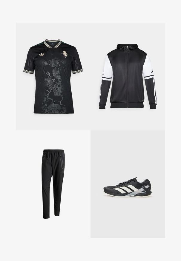 Felpa nera con zip, caratterizzata da maniche bianche e tre strisce bianche lungo le braccia. Realizzata in un tessuto liscio e leggero. Design della felpa incluso.; Maglietta nera a maniche corte con motivo a rilievo di tralci d'uva, colletto a righe verdi e bianche e logo dorato Adidas sul lato sinistro del petto.; Pantaloni sportivi neri con vita elastica, due tasche laterali con cerniera, gambe affusolate e un sottile dettaglio del logo sull'anca.; Scarpa sportiva nera con strisce bianche, tomaia in rete, punta arrotondata e suola ammortizzata. Presenta un tallone testurizzato e un sistema di allacciatura sicuro.