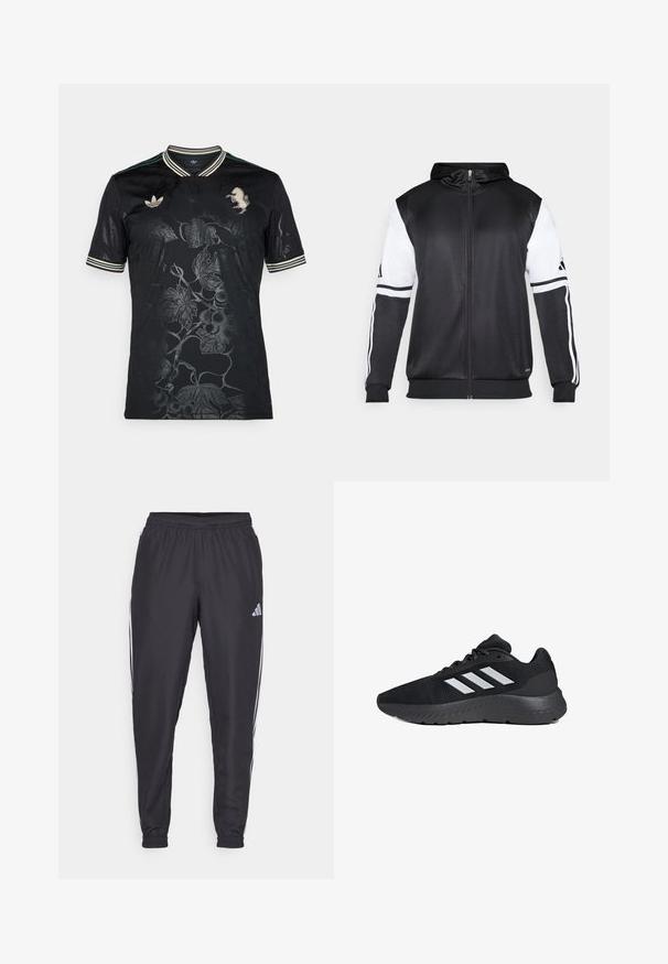 Hoodie zippé noir avec des manches blanches et trois bandes blanches le long des bras. Fabriqué en tissu lisse et léger. Design de hoodie inclus.; Maillot noir à manches courtes avec un motif de vigne en relief, col rayé vert et blanc, et logo doré Adidas sur la poitrine gauche.; Pantalons de sport noirs avec une taille élastique, présentant des rayures blanches sur les côtés et un petit logo sur la hanche. Texture lisse.; Baskets de sport noires avec tige en mesh, trois bandes blanches, semelle rembourrée et détails texturés le long de la semelle extérieure.