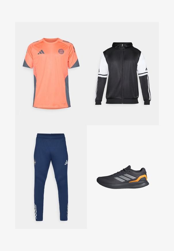 Svart zip-up hoodie med vita ärmar och tre vita ränder längs armarna. Tillverkad av ett mjukt och lätt tyg. Design av hoodie ingår.; Orange sportströja med grå accenter, med korta ärmar, rund halsringning och en logotyp av FC Bayern München på framsidan.; Marina sportbyxor med elastisk midja, design med avsmalnande ben, silverfärgad logotyp på låret och distinkt detaljer med tre ränder på underbenet.; Herrenspring skor i svart mesh med silverdetaljer. Har en strukturerad sula, orange detaljer på hälen och en traditionell snörningsdesign.