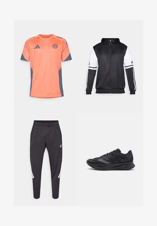 Zwarte zip-up hoodie met witte mouwen en drie witte strepen langs de armen. Gemaakt van een gladde, lichte stof. Inclusief ontwerp van de hoodie.; Oranje sporttricot met grijze accenten, met korte mouwen, een ronde halslijn en een logo van FC Bayern München op de voorkant.; Zwarte sportbroek met taps toelopende pijpen, elastische tailleband, zijzakken en witte logo- en streepdetails. Gemaakt van een glad, licht materiaal.; Zwarte sportschoen van mesh en synthetische materialen, gestroomlijnd ontwerp, gebogen zool en textuurdetails op het bovenwerk.