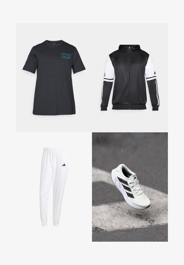 Hoodie zippé noir avec des manches blanches et trois bandes blanches le long des bras. Fabriqué en tissu lisse et léger. Design de hoodie inclus.; T-shirt noir en coton à manches courtes et col rond. Présente un imprimé graphique turquoise sur la partie gauche de la poitrine. Design simple et décontracté.; Pantalons de sport blancs en tissu lisse, dotés d'une taille élastique et de poignets ajustés, avec un logo noir sur la poche arrière.; Baskets de sport blanches avec un dessus en mesh texturé, des rayures noires, un laçage et une semelle rembourrée, lévitant au-dessus d'une surface de route marquée.