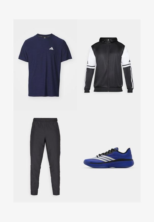 Fekete zipzáras kapucnis pulóver, fehér ujjakkal és három fehér csíkkal a karokon. Simább, könnyű anyagból készült. A kapucnis pulóver dizájnja is benne van.; Sötétkék, rövid ujjas póló, texturált anyagból, kerek nyakkivágással és fehér logóval a bal mellen.; Fekete sportnadrág, rugalmas derékkal, szűkített szárakkal és fehér oldalszegésekkel. Szinétikus anyagból készült, sima tapintással.; adidas Performance ADIZERO SELECT 3.0 - Kosárlabdacipők - lucid blue/core black/metallic