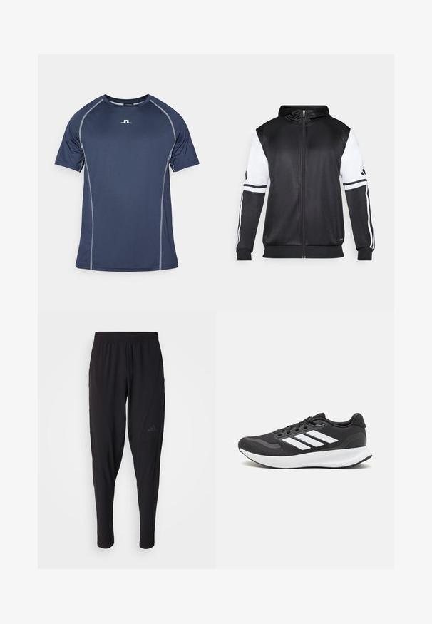 Sweatshirt preto com fecho, apresentando mangas brancas e três riscas brancas ao longo dos braços. Feito de um tecido suave e leve. Design do capuz incluído.; T-shirt desportivo azul-marinho com mangas curtas, costura cinza em contraste e um pequeno logótipo no peito. Feito de material que absorve a umidade.; Calças atléticas pretas com um cós elástico, design afunilado, bolsos laterais e detalhe discreto do logótipo. Feitas de um tecido flexível e respirável.; Shoe de atletismo preto com parte superior em malha respirável, detalhes brancos e sola almofadada. Apresenta o logotipo das três riscas na lateral.