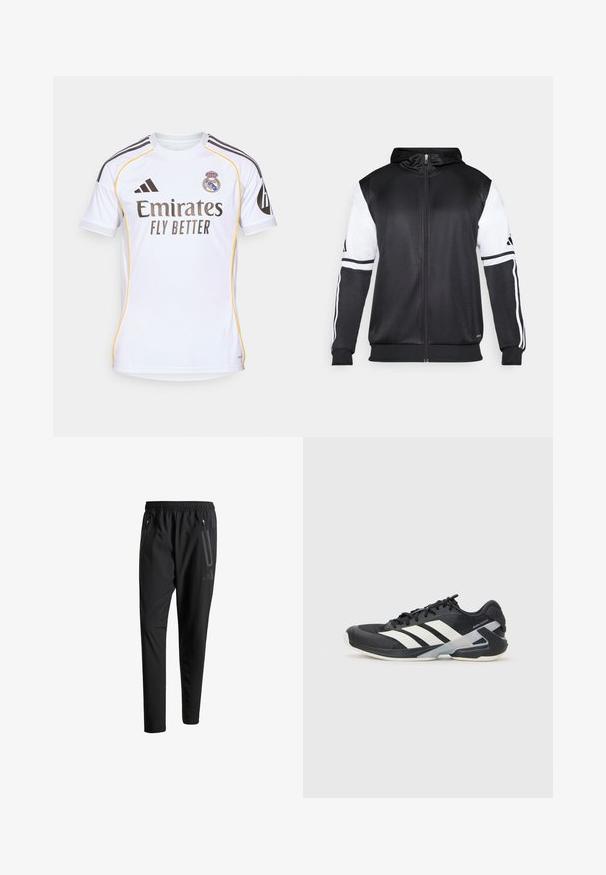 Juodas džinsinis užtrauktukas su baltais rankovėmis ir trimis baltais dryžiais ant rankų. Pagamintas iš lygaus, lengvo audinio. Džinsinio dizainas įtrauktas.; Baltas futbolo marškinėliai, pagaminti iš lengvo audinio, su geltonais akcentais, juodomis juostelėmis ant pečių ir komandos logotipu krūtinėje.; Juodi sportiniai šortai su elastiniu juosmeniu, dviem užtrauktukais šoniniais kišenėmis, siaurėjančiomis kojomis ir subtiliu logotipo detaliu ant klubo.; Juoda sportinė avalynė su baltais dryžiais, tinklinis viršus, apvalus pirštas ir paminkštinta padais. Yra tekstūruota kulno dalis ir saugi raištelių sistema.
