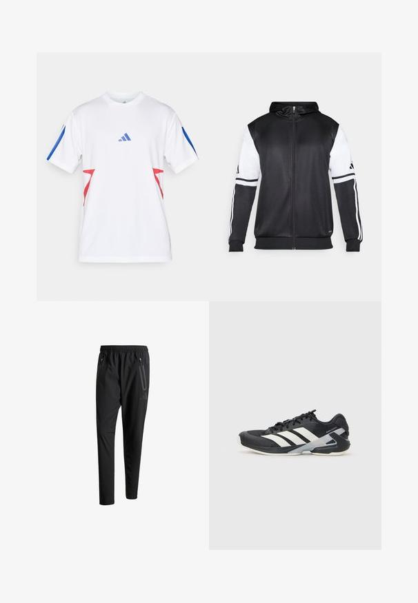 Black zip-up hoodie featuring white sleeves and three white stripes along the arms. Made from a smooth, lightweight fabric. Hoodie design included.; White athletic shirt made of lightweight mesh, featuring blue accents on the sleeves and red triangular designs on the sides. Adidas logo displayed.; Black athletic pants with an elastic waistband, two zippered side pockets, tapered legs, and a subtle logo detail on the hip.; Black athletic shoe with white stripes, mesh upper, rounded toe, and cushioned sole. Features a textured heel and secure lacing system.