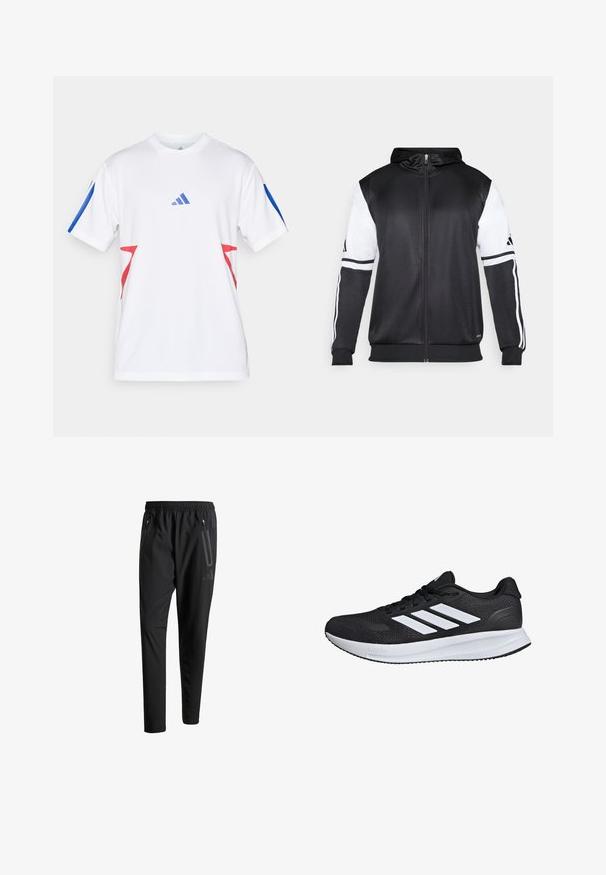 Sort zip-up hættetrøje med hvide ærmer og tre hvide striber langs armene. Lavet af et glat, letvægtsstof. Designet til hættetrøjen er inkluderet.; Hvid atletisk skjorte lavet af let mesh, med blå detaljer på ærmerne og røde trekantede design på siderne. Adidas-logoet vises.; Sorte atletiske bukser med elastisk talje, to lynlåslommer på siden, tætsiddende ben og en diskret logo-detalje på hoften.; Sort atletisk sko med hvide striber, mesh-overdel, polstret sål og teksturerede detaljer. Har et snørebåndsdesign og brandlogo på tungen.