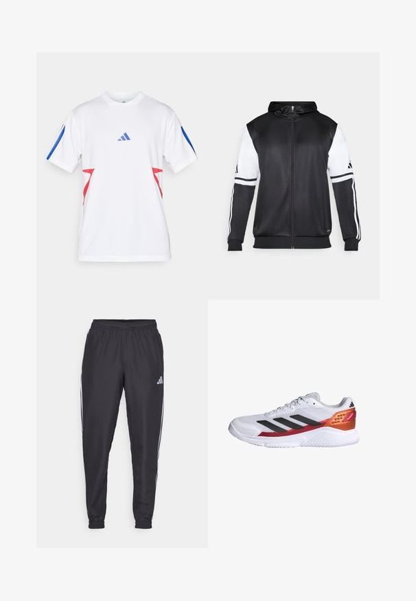 Crna dukserica s patentnim zatvaračem koja ima bijele rukave i tri bijele pruge duž ruku. Napravljena od glatkog, laganog materijala. Uključeni dizajn kapuljače.; Bijela atletska majica od lagane mrežaste tkanine, s plavim naglascima na rukavima i crvenim trokutastim uzorcima sa strane. Prikazan Adidas logo.; Crne sportske hlače s elastičnom gumicom u struku, s bijelim prugama uz bokove i malim logotipom na kuku. Glatka tekstura.; Bijela sportska cipela s crnim prugama, teksturiranim gornjim dijelom od mrežastog materijala, crveno-narančastim naglaskom na peti i bijelim gumiranim potplatom.