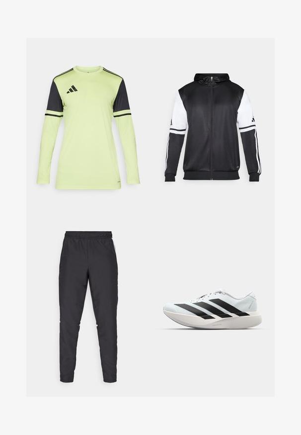 Fekete zipzáras kapucnis pulóver, fehér ujjakkal és három fehér csíkkal a karokon. Simább, könnyű anyagból készült. A kapucnis pulóver dizájnja is benne van.; Hosszú ujjú sportpóló neon sárga színben, fekete díszítéssel és csíkokkal. Jellemzője a kerek nyakkivágás és a poliészter anyag.; Fekete sportnadrág, rugalmas derékkal, szűkített szárakkal és fehér oldalszegésekkel. Szinétikus anyagból készült, sima tapintással.; Világoskék, fekete csíkos könnyű futószerek. Simább felső résszel, kerek orral és vastag fehér középtalppal, amelyen a "LIGHTSTRIKE PRO" felirat olvasható.