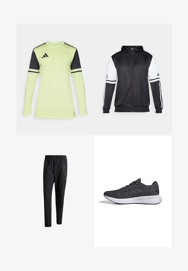 Sweatshirt preto com fecho, apresentando mangas brancas e três riscas brancas ao longo dos braços. Feito de um tecido suave e leve. Design do capuz incluído.; Camisa atlética de manga longa em amarelo neon com detalhes e riscas pretas. Apresenta decote redondo e é feita de material de poliéster.; Calças de treino pretas com uma cintura elástica, dois bolsos laterais com fecho, pernas ajustadas e um discreto detalhe de logotipo no quadril.; Tênis atléticos em material de malha cinza escuro com detalhes em preto. Apresenta uma entressola branca e três listras brancas de lado.