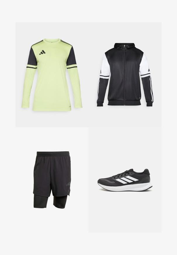 Melnā džemperis ar rāvējslēdzēju, ar baltām piedurknēm un trim baltām svītrām gar rokām. Izgatavots no gludas, vieglas auduma. Džempera dizains iekļauts.; Ilgi piedurkņu sporta krekls neona dzeltenā krāsā ar melniem akcentiem un svītrām. Tam ir apaļa izgriezne un tas izgatavots no poliestera materiāla.; Melni sporta šorti ar iebūvētu iekšējo slāni, izgatavoti no elpojoša auduma. Iekļautas diskrētas logotipa detalizācijas un strukturēta tekstūra. Regulējama jostasvieta.; Melnas sporta kurpes ar elpojošu acs augšu, baltām akcentiem un mīkstu zoli. Sānā ir trīs svītru logo.