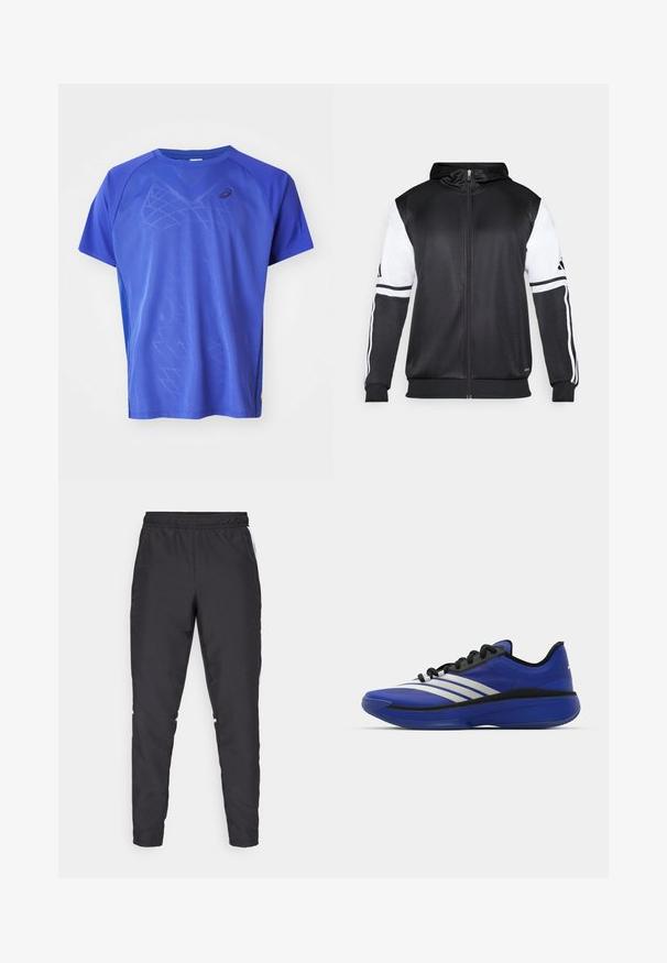Sweatshirt preto com fecho, apresentando mangas brancas e três riscas brancas ao longo dos braços. Feito de um tecido suave e leve. Design do capuz incluído.; ASICS MATCH - T-shirt desportiva - dark blue; Calças atléticas pretas com um cós elástico, pernas ajustadas e acentos brancos nas laterais. Feitas de material sintético com uma textura suave.; adidas Performance ADIZERO SELECT 3.0 - Sapatilhas de basquetebol - lucid blue/core black/metallic