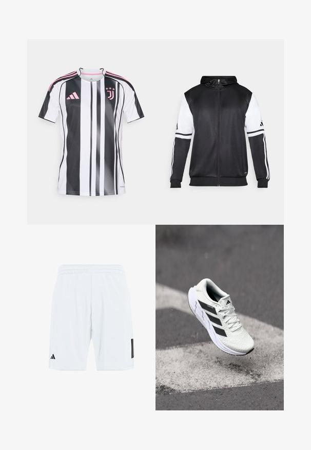 Sort zip-up hættetrøje med hvide ærmer og tre hvide striber langs armene. Lavet af et glat, letvægtsstof. Designet til hættetrøjen er inkluderet.; Juventus fodboldtrøje med lodrette sort-hvide striber, lyserøde detaljer på ærmerne og logoet, lavet af let og åndbart materiale.; Hvide atletikshorts med elastisk talje, der har tre sorte striber på siderne og et sort logo på den nederste venstre ben.; Hvid atletisk sko med tekstureret netoverdel, sorte striber, snørebåndslukning og en polstret sål, som svæver over en markeret vejoverflade.