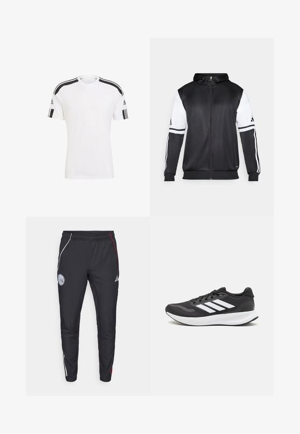 Juodas džinsinis užtrauktukas su baltais rankovėmis ir trimis baltais dryžiais ant rankų. Pagamintas iš lygaus, lengvo audinio. Džinsinio dizainas įtrauktas.; Balta sportinė marškinė, turinčios juodas juostas ant pečių, pagamintos iš pralaidaus audinio. Trumpomis rankovėmis ir apvaliu iškirpimu.; Juodos sportinės kelnės su siaurėjančiu siluetu. Turtingas baltos ir raudonos spalvos šoninių juostų dizainas, elastinė juosmens juosta ir siuvinėtas logotipas viršutinėje šlaunyje.; Juodas sportinis batelis su orui pralaidžia mėgintuvėliu, baltomis akcentais ir paminkštintu padu. Šone yra trijų juostų logotipas.