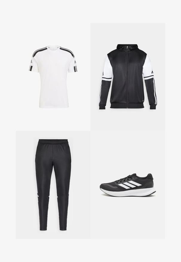 Juodas džinsinis užtrauktukas su baltais rankovėmis ir trimis baltais dryžiais ant rankų. Pagamintas iš lygaus, lengvo audinio. Džinsinio dizainas įtrauktas.; Balta sportinė marškinė, turinčios juodas juostas ant pečių, pagamintos iš pralaidaus audinio. Trumpomis rankovėmis ir apvaliu iškirpimu.; Juodos sportinės kelnės, pagamintos iš lygaus audinio, turinčios prigludusią konstrukciją, elastinę juostą ir baltas akcentines juosteles šonuose.; Juodas sportinis batelis su orui pralaidžia mėgintuvėliu, baltomis akcentais ir paminkštintu padu. Šone yra trijų juostų logotipas.