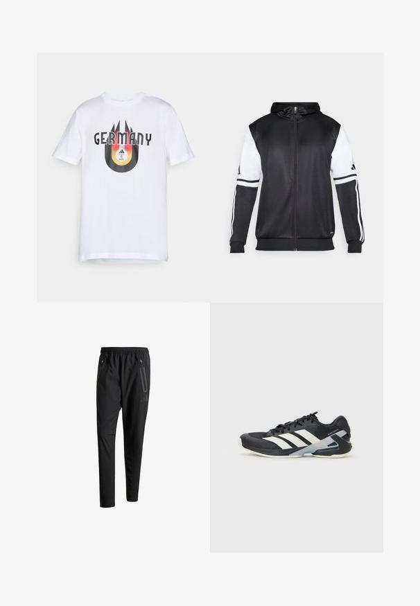 Fekete zipzáras kapucnis pulóver, fehér ujjakkal és három fehér csíkkal a karokon. Simább, könnyű anyagból készült. A kapucnis pulóver dizájnja is benne van.; Fehér pamut póló fekete és narancssárga grafikával, rajta "GERMANY" felirattal és egy kör alakú mintázattal, amely focilabdát és csíkokat ábrázol.; Fekete sportos nadrág elasztikus derékpánttal, két cipzáras oldalt zsebbel, tapered lábakkal és diszkrét logóval a csípőn.; Fekete sportcipő fehér csíkokkal, hálós felsőrész, kerek orr és párnázott talp. Texturált sarokkal és biztonságos fűzőrendszerrel rendelkezik.