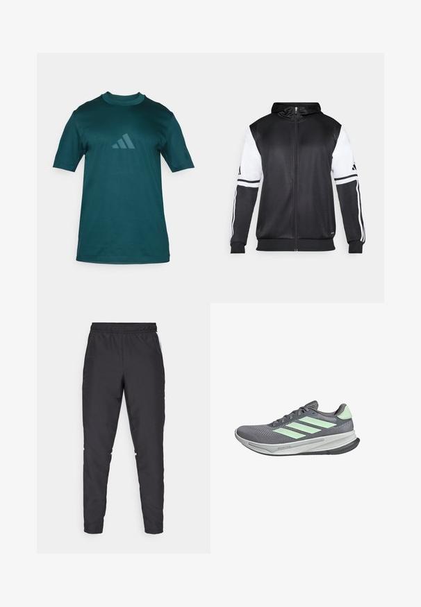 Mustapohjainen vetsaritakki, jossa on valkoiset hihnat ja kolme valkoista raitaa hihassa. Valmistettu sileästä, kevyestä kankaasta. Mukana hupparisuunnittelu.; Teal t-paita lyhyillä hihoilla, joka on valmistettu sileästä kankaasta ja jossa on hienovarainen, sävy sävyyn Adidas-logo rinnassa sekä pyöreä kaula-aukko.; Mustat urheiluhousut, joissa on joustava vyötärö, kapenevat lahkeet ja valkoiset sivuakkentit. Valmistettu synteettisestä materiaalista, jossa on sileä tekstuuri.; adidas Performance SUPERNOVA - Maastojuoksukengät - grey three semi green spark dash grey