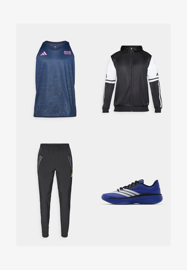 Felpa nera con zip, caratterizzata da maniche bianche e tre strisce bianche lungo le braccia. Realizzata in un tessuto liscio e leggero. Design della felpa incluso.; adidas Performance BER25 TANK - Top - collegiate navy; adidas Performance REAL MADRID TIRO25 PRO VIS TECH TRAVEL PANT - Squadra - black/lucid lemon; adidas Performance ADIZERO SELECT 3.0 - Scarpe da basket - lucid blue/core black/metallic