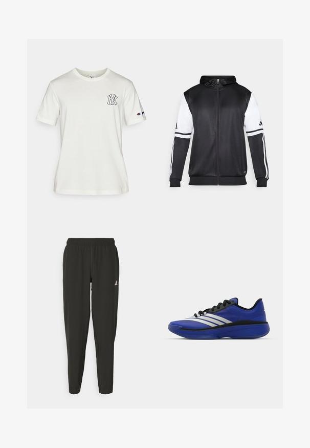 Must eltavõttega must kapuutsiga sviiter, millel on valged varrukad ja kolm valget triipu mööda käsi. Valmistatud siledast ja kergest kangast. Kapuutsi disain on kaasatud.; Valge puuvillane t-särk ümarate krae ja lühikeste varrukatega, ees sinise NY logo ja vasakul varrukal väike Championi logo.; Mustavad spordipüksid elastse vöökoha, kitsas lõige ja valge logo vasakul jalal. Sile, kerge kangas.; adidas Performance ADIZERO SELECT 3.0 - Korvpallijalatsid - lucid blue/core black/metallic