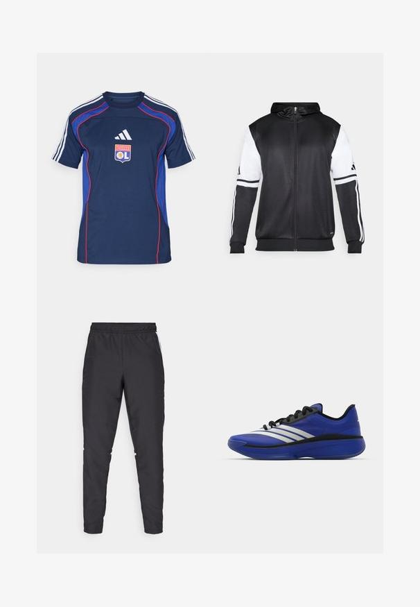 Sweatshirt preto com fecho, apresentando mangas brancas e três riscas brancas ao longo dos braços. Feito de um tecido suave e leve. Design do capuz incluído.; Camisola atlética azul marinho com detalhes em vermelho, três riscas brancas nos ombros, apresentando o logótipo do Olympique Lyonnais na frente.; Calças atléticas pretas com um cós elástico, pernas ajustadas e acentos brancos nas laterais. Feitas de material sintético com uma textura suave.; adidas Performance ADIZERO SELECT 3.0 - Sapatilhas de basquetebol - lucid blue/core black/metallic
