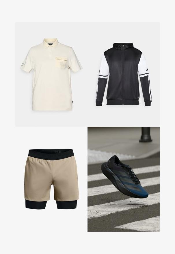 Juodas džinsinis užtrauktukas su baltais rankovėmis ir trimis baltais dryžiais ant rankų. Pagamintas iš lygaus, lengvo audinio. Džinsinio dizainas įtrauktas.; Kreminės spalvos trumpų rankovių polo marškiniai su mygtukiniu krūtinės kišeniu, kuriame yra logotipas ir siuvinėtas tekstas ant kairės rankovės.; Besi spalvos sportiniai šortai su juodu elastiniu juosmeniu, kuriuose yra juoda suspaudimo sluoksnio apačioje. Lygi tekstūra, minimalistinis dizainas.; Juodos ir mėlynos spalvų sportinė batus su aptakiu dizainu, tekstūruotu viršumi, kontrastingomis juostelėmis ir paminkštinta padu, kybantis virš šaligatvio.