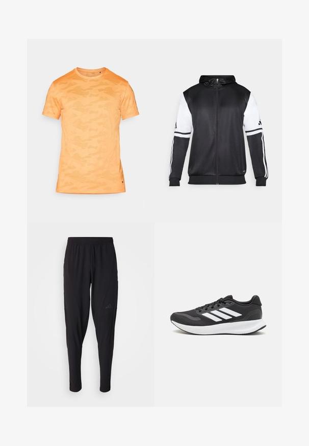Sort zip-up hættetrøje med hvide ærmer og tre hvide striber langs armene. Lavet af et glat, letvægtsstof. Designet til hættetrøjen er inkluderet.; Orange camo-mønsteret kortærmet t-shirt med rund hals og subtilt struktureret stof. Sideslids detalje ved kanten. Letvægtsdesign.; Sorte træningsbukser med elastisk talje, tætsiddende design, sidelommer og diskret logo-detail. Fremstillet af fleksibelt, åndbart stof.; Sort atletik sko med åndbart mesh-overdel, hvide accenter og en polstret sål. Har tre-stripes logo på siden.