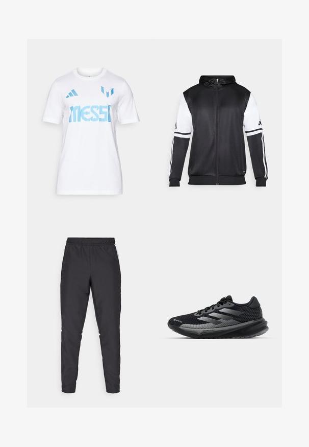 Black zip-up hoodie featuring white sleeves and three white stripes along the arms. Made from a smooth, lightweight fabric. Hoodie design included.; White cotton t-shirt featuring blue "MESSI" text and two blue stripes on the shoulders. Round neck, short sleeves.; Black athletic pants with an elastic waistband, tapered legs, and white side accents. Made of synthetic material with a smooth texture.; Black running shoe with a textured upper, metallic gray accents, and a thick midsole featuring a unique tread pattern. Lightweight and breathable design.