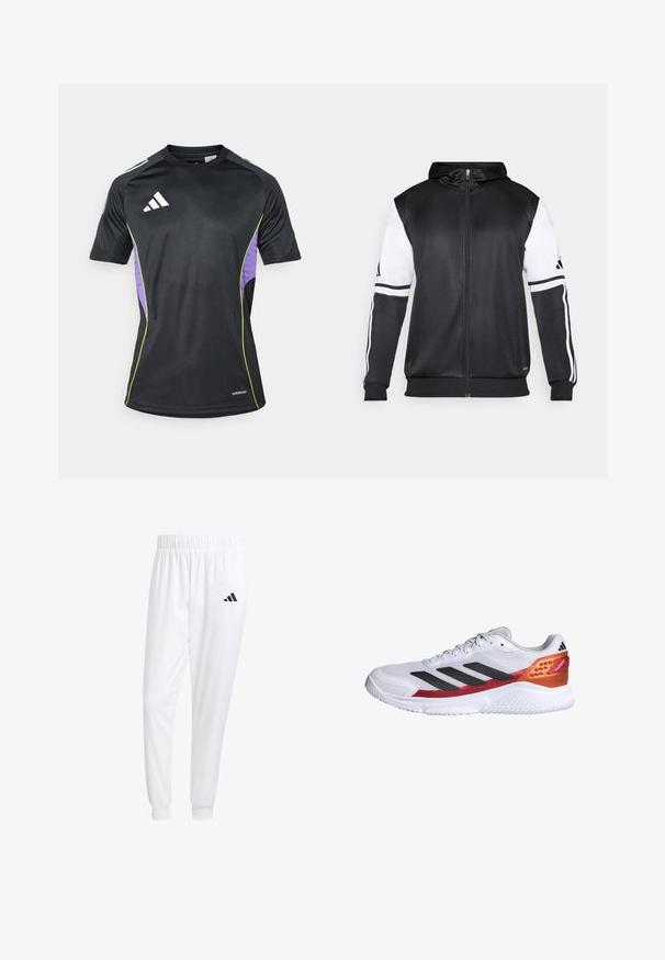 Melnā džemperis ar rāvējslēdzēju, ar baltām piedurknēm un trim baltām svītrām gar rokām. Izgatavots no gludas, vieglas auduma. Džempera dizains iekļauts.; Melna sporta krekls ar īsām piedurknēm, apaļu kakla izgriezumu un purpura sānu paneļiem ar zaļiem akcentiem. Izgatavots no mitrumu aizvagoša materiāla.; Baltas sporta bikses, kas izgatavotas no gludas auduma, ar elastīgu jostu un pieguļošiem uzmavām, ar melnu logotipu aizmugurējā kabatā.; Balts sporta apavs ar melnām svītrām, teksturētu acs virsbūvi, sarkanu un oranžu papēža akcentu un baltu gumijas zolīti.