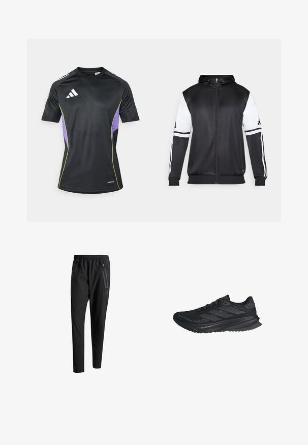 Svart hettegenser med glidelås som har hvite ermer og tre hvite striper langs armene. Laget av et glatt, lett stoff. Designet inkluderer hettegenseren.; Svart treningsskjorte med korte ermer, rund hals og lilla sidepaneler med grønne detaljer. Laget av fukttransporterende materiale.; Svarte treningsbukser med elastisk liv, to glidelåslommer på sidene, avsmalnende ben og en subtil logo detalj ved hoften.; Svart Adidas løpesko med Gore-Tex-overdel, tre striper på siden, og "Dreamstrike" på sålen, sett fra utsiden.