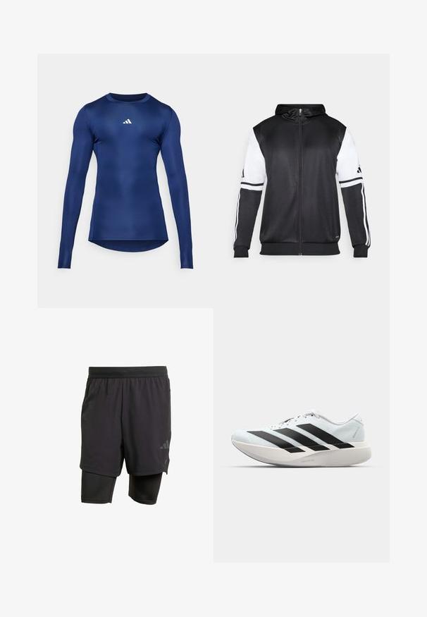 Fekete zipzáras kapucnis pulóver, fehér ujjakkal és három fehér csíkkal a karokon. Simább, könnyű anyagból készült. A kapucnis pulóver dizájnja is benne van.; Tengerészkék, hosszú ujjú sportpóló; sima, rugalmas anyag; kerek nyakkivágás; a mellkason egy kis fehér logó található; testhez simuló fazon.; Fekete sportnadrág beépített belső résszel, lélegző anyagból készült. Diszkrét logóval és struktúrált textúrával rendelkezik. Állítható derékpánt.; Világoskék, fekete csíkos könnyű futószerek. Simább felső résszel, kerek orral és vastag fehér középtalppal, amelyen a "LIGHTSTRIKE PRO" felirat olvasható.