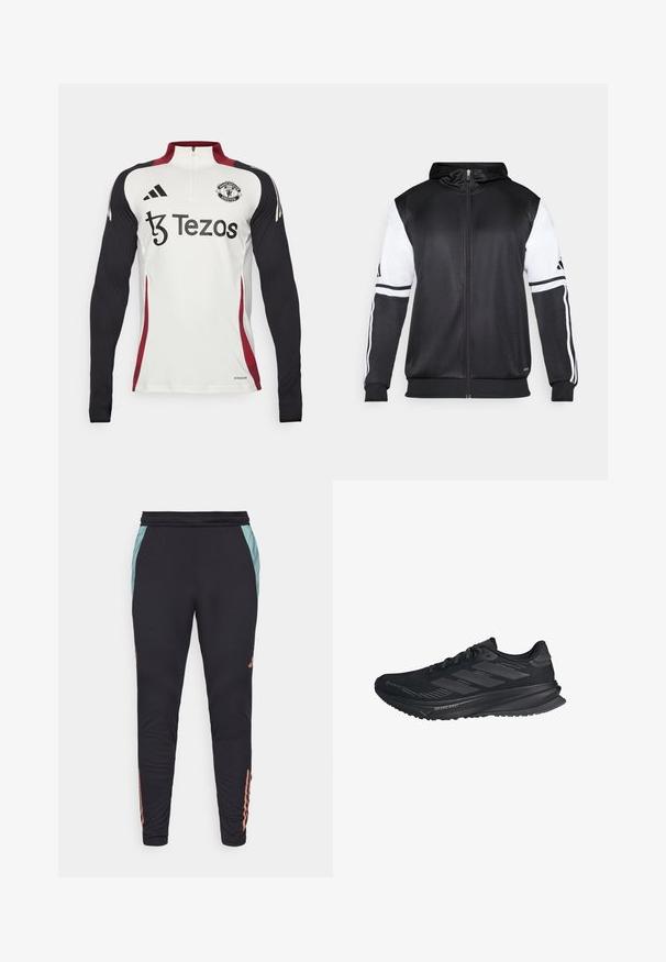 Sudadera con cremallera negra con mangas blancas y tres franjas blancas a lo largo de los brazos. Fabricada con un tejido suave y ligero. Diseño de sudadera incluido.; Camiseta de entrenamiento blanca de manga larga con mangas negras, cuello con cremallera de un cuarto, detalles en rojo, logo del Manchester United y marca Tezos en la parte frontal.; Pantalones deportivos negros con un diseño ajustado, que presentan paneles laterales en color teal y rayas coral cerca de los puños. Hechos de una tela suave y elástica.; Zapatilla de correr negra de Adidas con parte superior de Gore-Tex, tres rayas en el costado y "Dreamstrike" en la suela, vista desde el lado exterior.