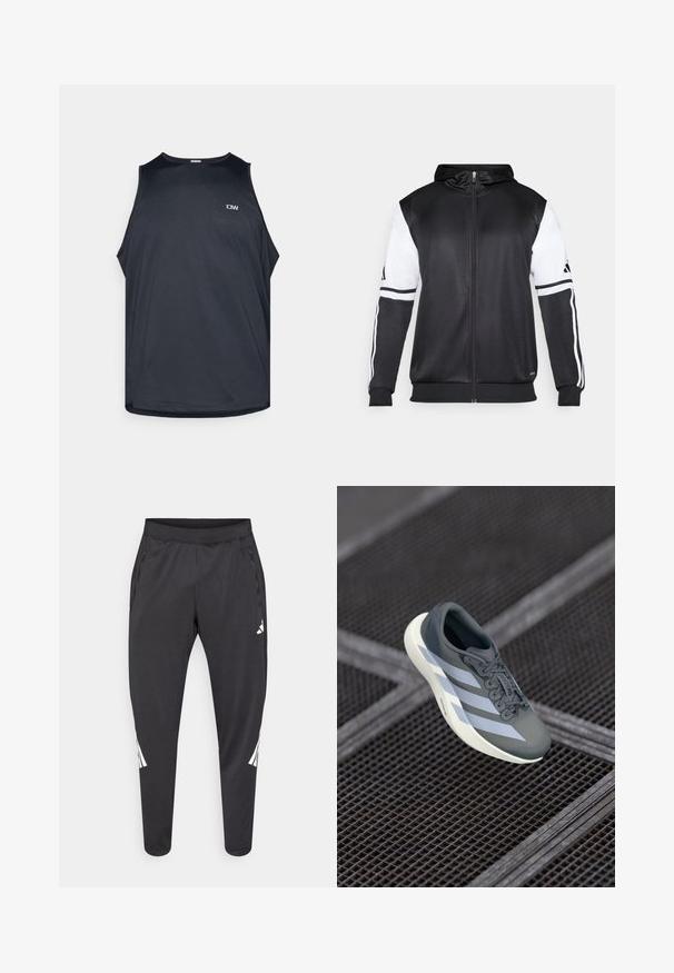 Svart hettegenser med glidelås som har hvite ermer og tre hvite striper langs armene. Laget av et glatt, lett stoff. Designet inkluderer hettegenseren.; Svart treningstopp i et teksturert, pustende stoff. Har rund hals og brede armhull. Liten logo på forsiden.; Svarte treningsbukser med smalere ben, elastisk midjebånd, sidelommer og hvite logo- og stripedetaljer. Laget av et mykt, lett materiale.; Sportsko leketøy i grått og hvitt, laget av syntetisk materiale, med et strømlinjeformet design, teksturert overflate og fremtredende snøresystem.