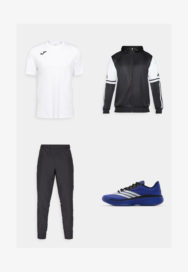 Sweatshirt preto com fecho, apresentando mangas brancas e três riscas brancas ao longo dos braços. Feito de um tecido suave e leve. Design do capuz incluído.; Camiseta atlética de manga curta branca, confeccionada em tecido suave, com um logo preto no lado esquerdo do peito e decote redondo.; Calças atléticas pretas com um cós elástico, pernas ajustadas e acentos brancos nas laterais. Feitas de material sintético com uma textura suave.; adidas Performance ADIZERO SELECT 3.0 - Sapatilhas de basquetebol - lucid blue/core black/metallic