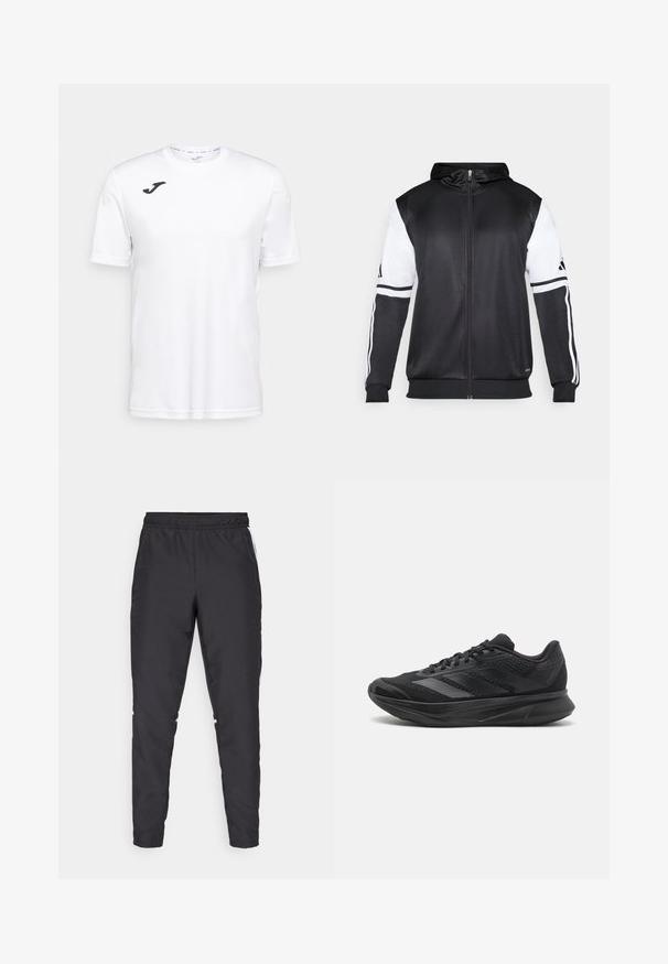 Schwarze Zip-Hoodie mit weißen Ärmeln und drei weißen Streifen entlang der Arme. Hergestellt aus einem glatten, leichten Stoff. Hoodie-Design enthalten.; Weißes sportliches T-Shirt mit kurzen Ärmeln aus glattem Stoff, mit einem schwarzen Logo auf der linken Brust und rundem Halsausschnitt.; Schwarze Sporthose mit elastischem Bund, schmal zulaufenden Beinen und weißen Seitenelementen. Hergestellt aus synthetischem Material mit glatter Textur.; Schwarzer Sportschuh aus Mesh- und synthetischen Materialien, mit einem schlanken Design, einer gebogenen Sohle und strukturierten Details an der Oberseite.