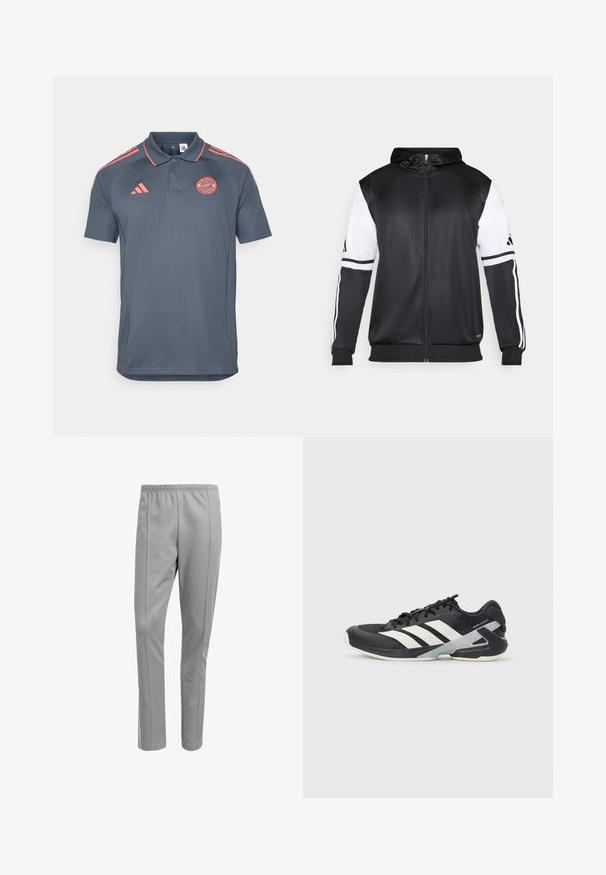 Hoodie zippé noir avec des manches blanches et trois bandes blanches le long des bras. Fabriqué en tissu lisse et léger. Design de hoodie inclus.; Polo shirt gris foncé à manches courtes, avec des accents orange sur les épaules et le col, et un logo du Bayern de Munich sur la poitrine.; Pantalons de sport gris avec une taille élastique, présentant des jambes droites et des coutures latérales pour un design épuré. Tissu lisse et léger.; Chaussure de sport noire avec des rayures blanches, tige en mesh, bout arrondi et semelle rembourrée. Comprend un talon texturé et un système de laçage sécurisé.