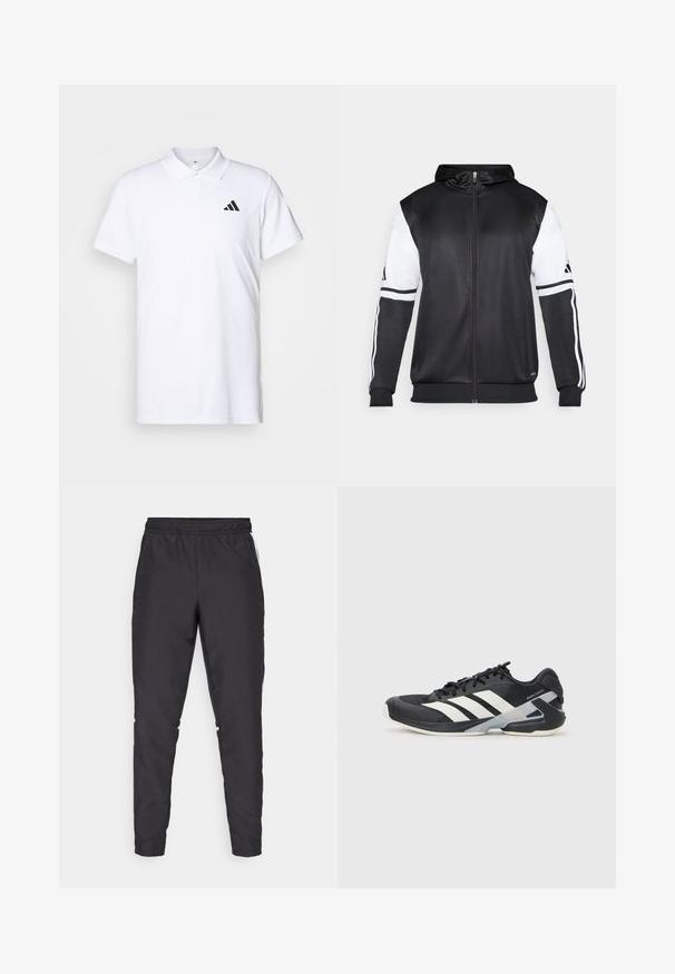 Black zip-up hoodie featuring white sleeves and three white stripes along the arms. Made from a smooth, lightweight fabric. Hoodie design included.; White polo shirt made from cotton, featuring a collar and short sleeves. Black Adidas logo located on the left chest. Smooth texture.; Black athletic pants with an elastic waistband, tapered legs, and white side accents. Made of synthetic material with a smooth texture.; Black athletic shoe with white stripes, mesh upper, rounded toe, and cushioned sole. Features a textured heel and secure lacing system.