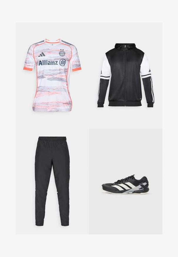 Black zip-up hoodie featuring white sleeves and three white stripes along the arms. Made from a smooth, lightweight fabric. Hoodie design included.; White soccer jersey with pink and gray abstract patterns, featuring short sleeves, round neckline, and Adidas logo. "Allianz" branding is prominent.; Black athletic pants with an elastic waistband, tapered legs, and white side accents. Made of synthetic material with a smooth texture.; Black athletic shoe with white stripes, mesh upper, rounded toe, and cushioned sole. Features a textured heel and secure lacing system.