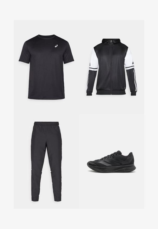 Black zip-up hoodie featuring white sleeves and three white stripes along the arms. Made from a smooth, lightweight fabric. Hoodie design included.; Black short-sleeve athletic t-shirt made of breathable fabric, featuring a round neckline and a small white logo on the upper left chest.; Black athletic pants with an elastic waistband, tapered legs, and white side accents. Made of synthetic material with a smooth texture.; Black athletic shoe with mesh and synthetic materials, streamlined design, curved sole, and textured detailing on the upper.