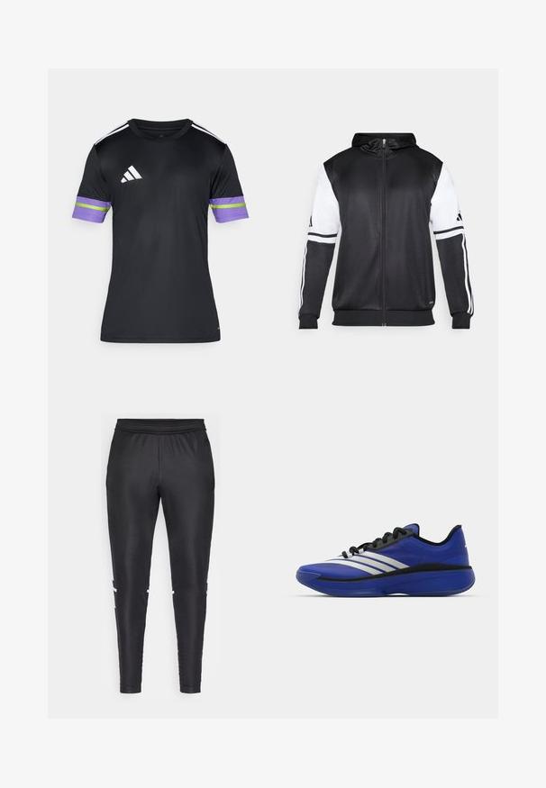 Sweatshirt preto com fecho, apresentando mangas brancas e três riscas brancas ao longo dos braços. Feito de um tecido suave e leve. Design do capuz incluído.; Camisa de desporto preta com mangas curtas. Apresenta detalhes em roxo com riscas e acabamento verde nas punhos. Na frente, exibe três riscas diagonais brancas.; Calças de atletismo pretas feitas de um tecido suave, com um design ajustado, cintura elástica e riscas brancas nas laterais.; adidas Performance ADIZERO SELECT 3.0 - Sapatilhas de basquetebol - lucid blue/core black/metallic