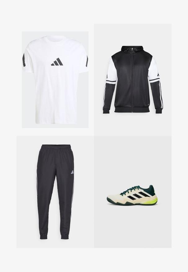 Crna dukserica s patentnim zatvaračem koja ima bijele rukave i tri bijele pruge duž ruku. Napravljena od glatkog, laganog materijala. Uključeni dizajn kapuljače.; Bijela pamučna majica s crnim trokutastim logom na prsima, crnim detaljima na ramenima i klasičnom okruglom izrezom.; Crne sportske hlače s elastičnom gumicom u struku, s bijelim prugama uz bokove i malim logotipom na kuku. Glatka tekstura.; Teniske cipele s kremastim gornjim dijelom, crnim trakama, zelenim detaljima i strukturiranom gumenom potplatom za bolje prianjanje. Izrađene od sintetičkih materijala.