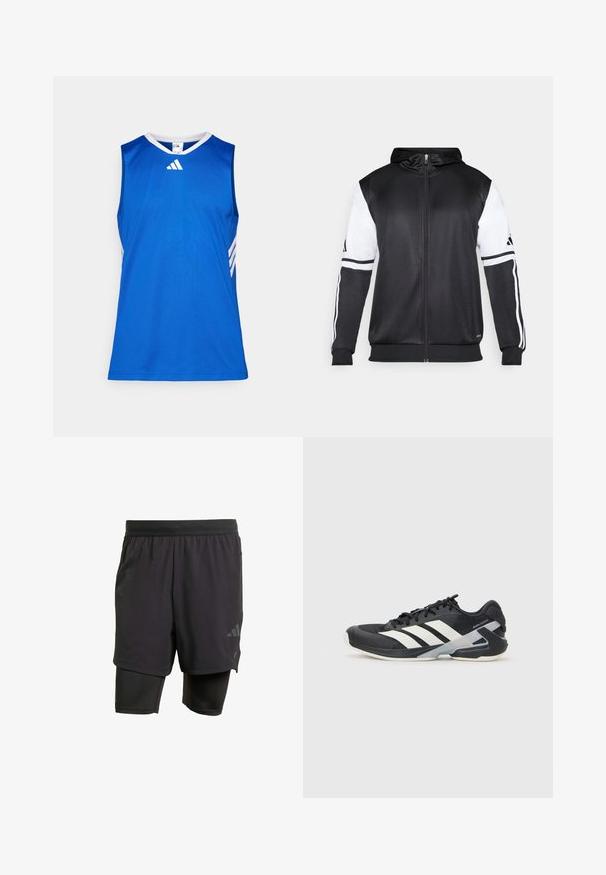 Czarna bluza z kapturem na zamek z białymi rękawami i trzema białymi paskami wzdłuż ramion. Wykonana z gładkiego, lekkiego materiału. Zawiera wzór bluzy z kapturem.; Niebieski sportowy top bez rękawów z białymi akcentami, okrągłym dekoltem i subtelnymi paskami po bokach. Wykonany z gładkiego, lekkiego materiału.; Czarne spodenki sportowe z wbudowaną wewnętrzną warstwą, wykonane z oddychającego materiału. Posiadają subtelne logo oraz strukturalną fakturę. Regulowany pas.; Czarne buty sportowe z białymi paskami, siateczkowa cholewka, zaokrąglony czubek i amortyzowana podeszwa. Posiadają teksturowany obcas i pewny system sznurowania.