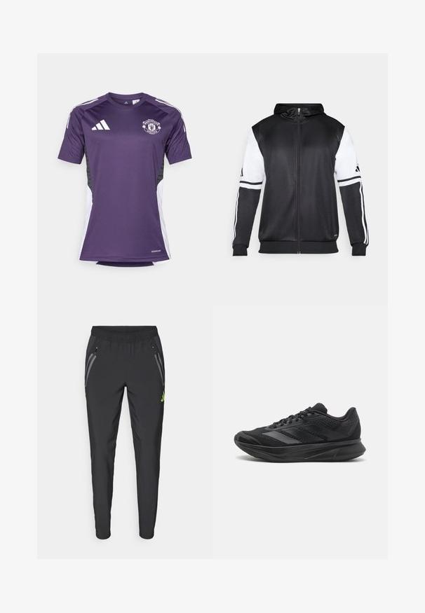 Sort zip-up hættetrøje med hvide ærmer og tre hvide striber langs armene. Lavet af et glat, letvægtsstof. Designet til hættetrøjen er inkluderet.; Lilla Manchester United trøje med korte ærmer, Adidas-logo og hvide sidelister. Fremstillet af fugttransporterende materiale.; adidas Performance REAL MADRID TIRO25 PRO VIS TECH TRAVEL PANT - Klub merchandise - black/lucid lemon; Sort atletisk sko med mesh og syntetiske materialer, strømlinet design, buet sål og tekstureret detalje på overdelen.