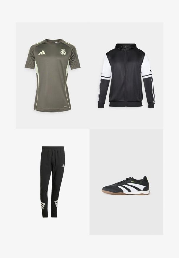 Crna dukserica s patentnim zatvaračem koja ima bijele rukave i tri bijele pruge duž ruku. Napravljena od glatkog, laganog materijala. Uključeni dizajn kapuljače.; Tamnozelena atletska majica s heraldikom svijetlozelene boje, kratkim rukavima, okruglim izrezom i logotipom Real Madrida na prsima. Napravljena je od materijala koji odvodi vlagu.; Crne sportske hlače s elastičnim pojasom, s reflektirajućim bijelim akcentima u prugastom uzorku na donjim dijelovima nogavica. Izrađene od glatkog materijala.; Crna i bijela niska unutarnja sportska cipela s gumiranim potplatom, vezicama i neonsko zelenim "Predator" brendingom sa strane.