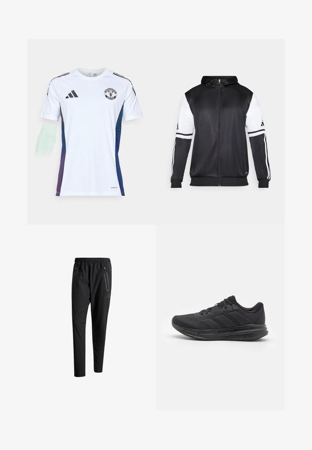 Juodas džinsinis užtrauktukas su baltais rankovėmis ir trimis baltais dryžiais ant rankų. Pagamintas iš lygaus, lengvo audinio. Džinsinio dizainas įtrauktas.; Balta sporto marškinėliai su juodomis Adidas juostelėmis, Manchester United logotipas ant krūtinės, mėlynos ir violetinės spalvų gradientų akcentai šoninėje dalyje, pagaminti iš lengvos medžiagos.; Juodi sportiniai šortai su elastiniu juosmeniu, dviem užtrauktukais šoniniais kišenėmis, siaurėjančiomis kojomis ir subtiliu logotipo detaliu ant klubo.; Juodos sportinės bateliai su tinklo viršumi, guminėmis padangomis, tekstūruotu dizainu ir trimis juostelėmis šone. Putų amortizacija komfortui.