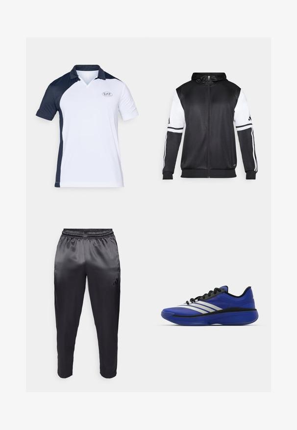Čierna mikina s kapucňou na zips s bielymi rukávmi a tromi bielymi pruhmi pozdĺž rúk. Vyrobená z hladkej, ľahkej tkaniny. Design mikiny je zahrnutý.; Polo tričko s krátkym rukávom, ktoré sa vyznačuje dizajnom v námorníckej modrej a bielej farbe, s ribovaným golierom a malým logom EA7 na hrudi.; Čierne športové nohavice vyrobené z hladkej, ľahkej tkaniny s elastickým pásom. Na ľavej strane sa nachádza malé logo a nohavice sú zúžené na koncoch.; adidas Performance ADIZERO SELECT 3.0 - Basketbalová obuv - lucid blue/core black/metallic